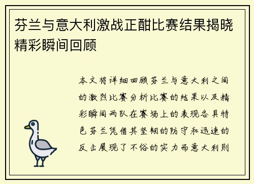芬兰与意大利激战正酣比赛结果揭晓精彩瞬间回顾